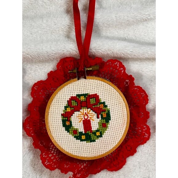 7 Christmas-Themed Cross Stitch Ornaments Lace Trim & Hanging Ribbons Handmade - Picture 8 of 16
